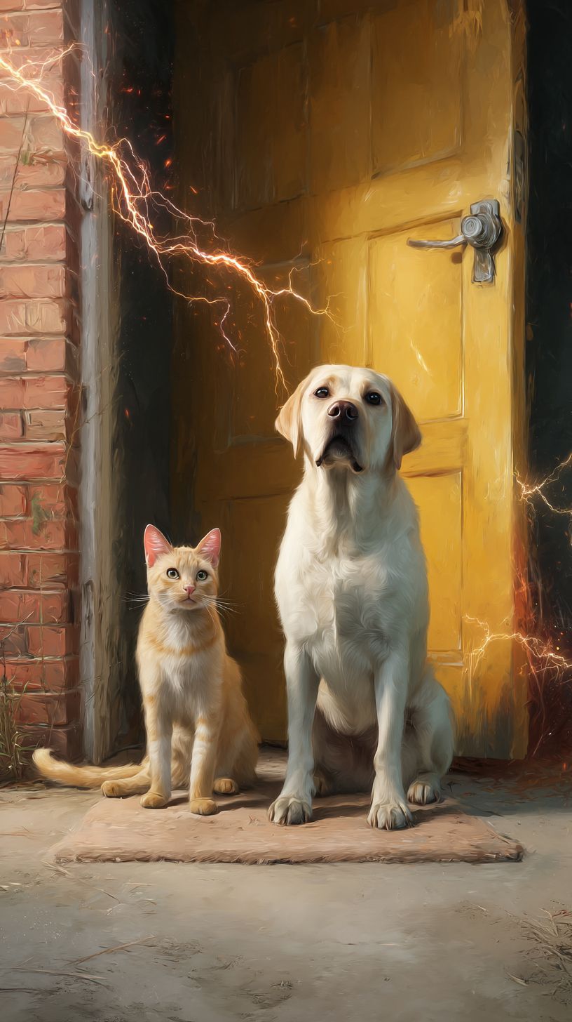 Un labrador blanco y un gato amarillo están de pie sobre sus patas traseras frente a una puerta amarilla por la noche, con chispas en la pared.
