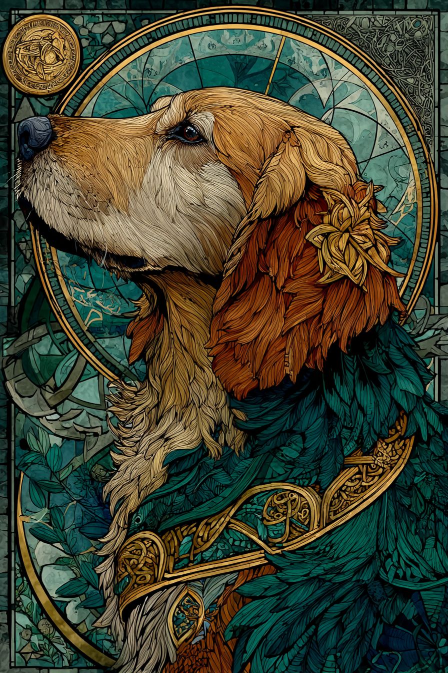 A Celtic knotwork style of an Irish Setter with intricate green and gold patterns in a mystical forest and ancient stone circle