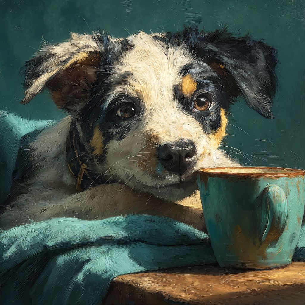子犬がコーヒーを飲んでいる