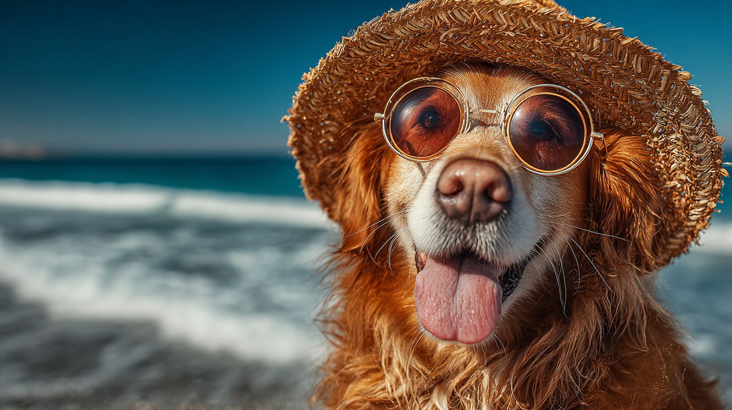 A Golden Retriever stands on a sunny beach with its tongue out, wearing sunglasses and a straw hat, soft waves in the background