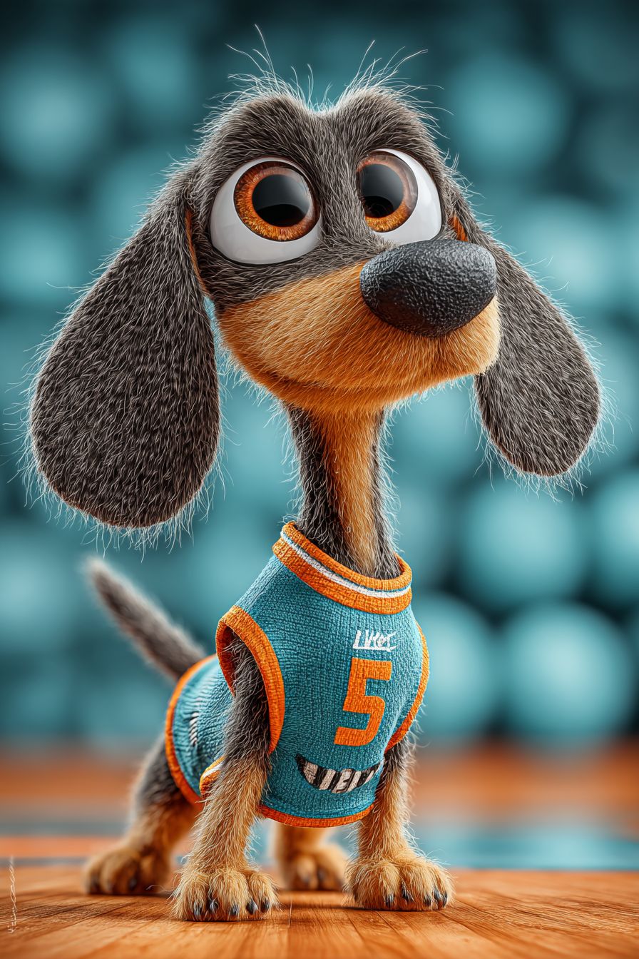 Un teckel en dessin animé esquivant une balle dans une salle de sport dynamique en portant un petit maillot