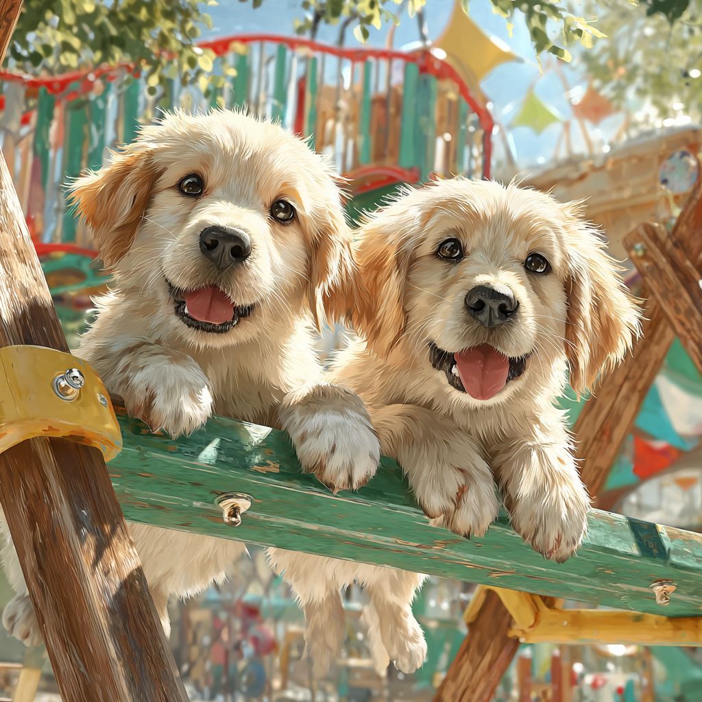 Zwei golden retriever und labrador Welpen spielen auf einer Wippe im Park
