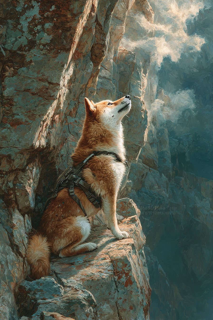 A photorealistic shiba inu is rock climbing a steep cliff, wearing a harness