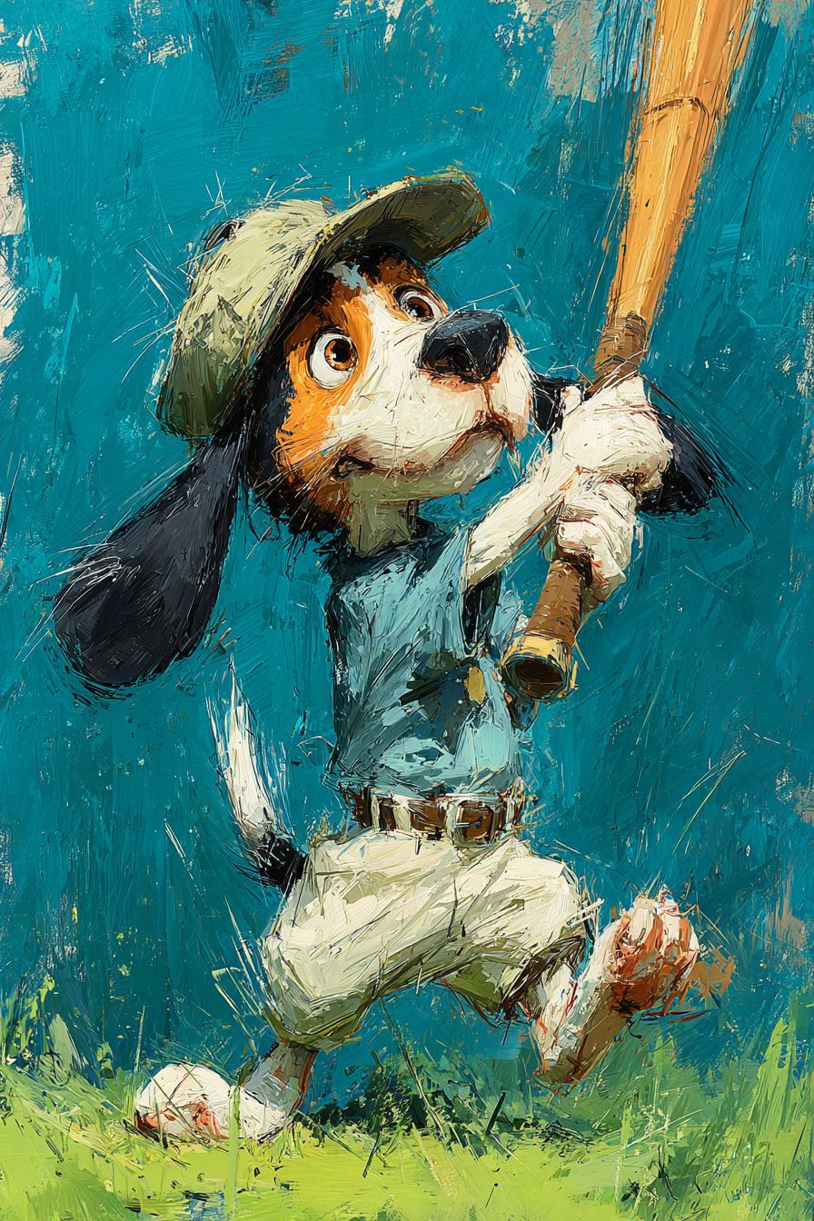 A cartoon beagle playing cricket