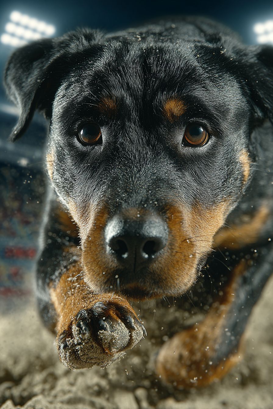 Un rottweiler photoréaliste effectuant un saut en longueur en plein air avec des muscles et du pelage détaillés dans une fosse de sable sous les lumières du stade