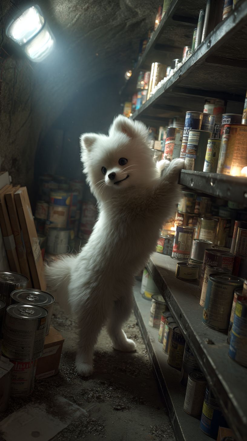 A small fluffy white Pomeranian puppy is standing on a metal shelf in an underground shelter, searching for items.