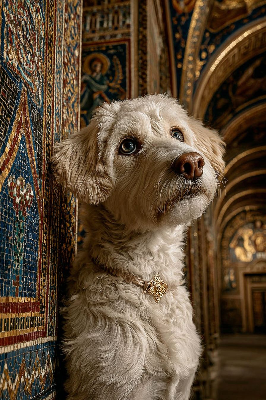 Un mosaico bizantino presenta un perro maltés con azulejos dorados brillantes y tonos profundos de azul y rojo