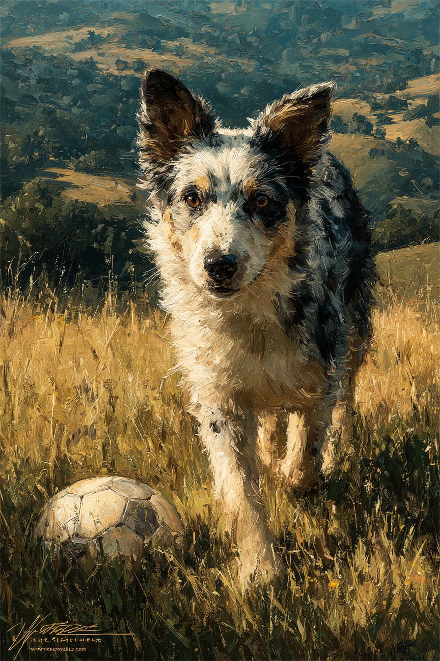 Ein fotorealistischer Australian Shepherd, der einen Fußball herdert