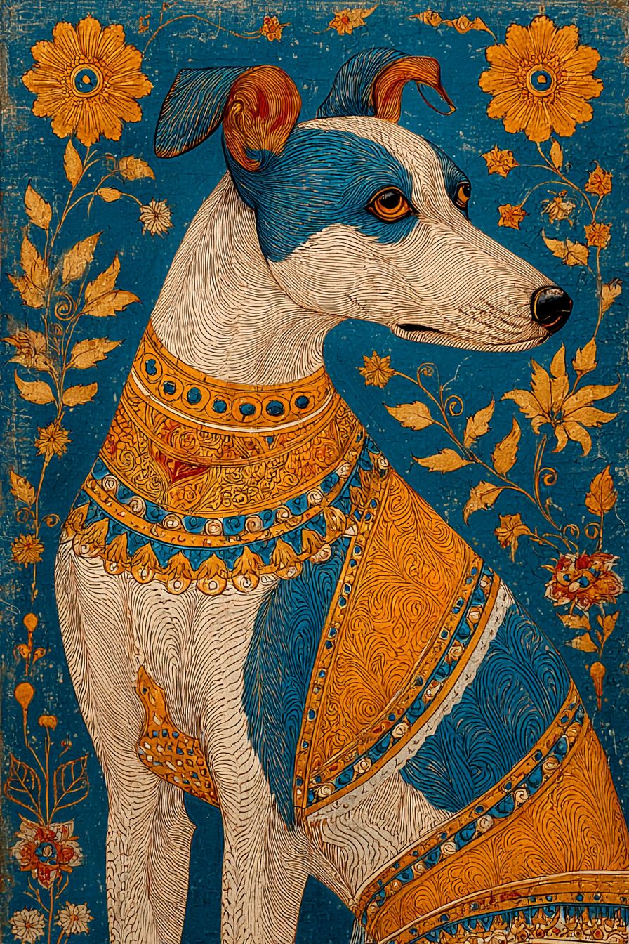 インドのパラヤ犬を描いたミニチュアインド画、繊細な金箔のディテール、鮮やかなサフランとティールの色、花のモチーフ、王宮の中庭