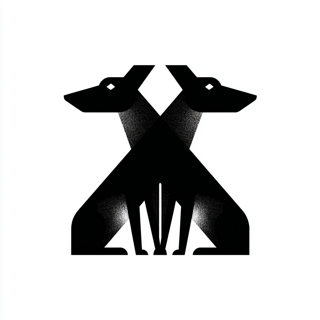Zwei sitzende abstrakte Hunde, die sich überkreuzen, um eine X-Form zu bilden, moderner Minimalismus, geeignet als Logo-Hilfsgrafik.