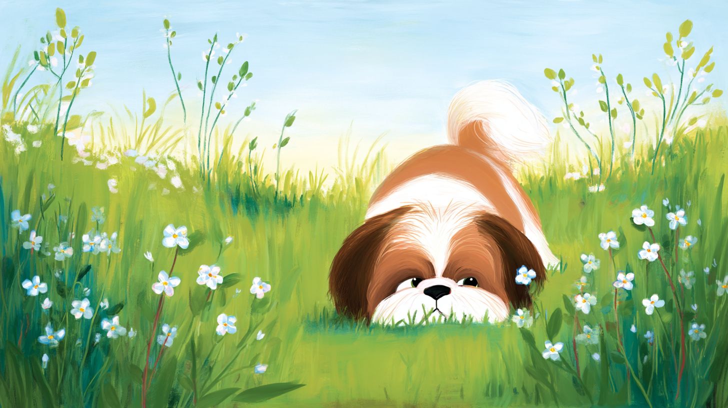 A brown and white Shih Tzu dog sniffing tiny blue flowers in a green spring field