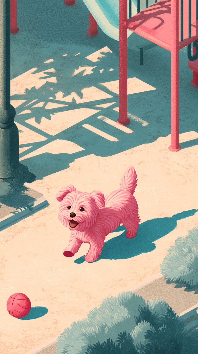 Un pequeño perro rosa está corriendo en el parque infantil.