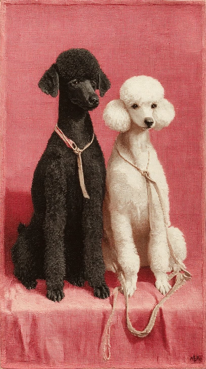 A vintage embroidery of a black poodle and a white poodle on pink fabric