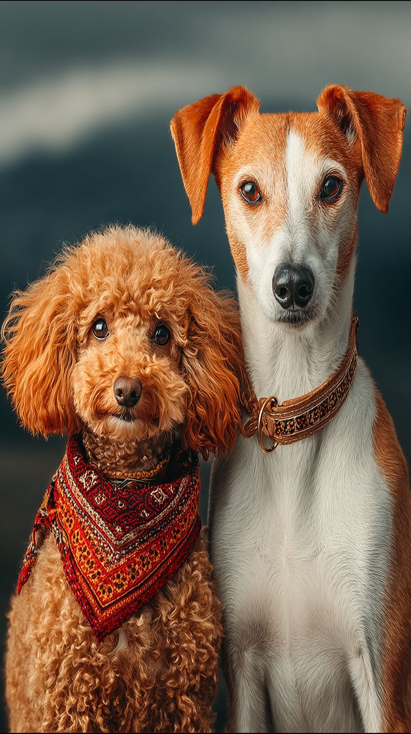A brown Toy Poodle and an elegant Ibizan Hound walking on San Martín Bridge