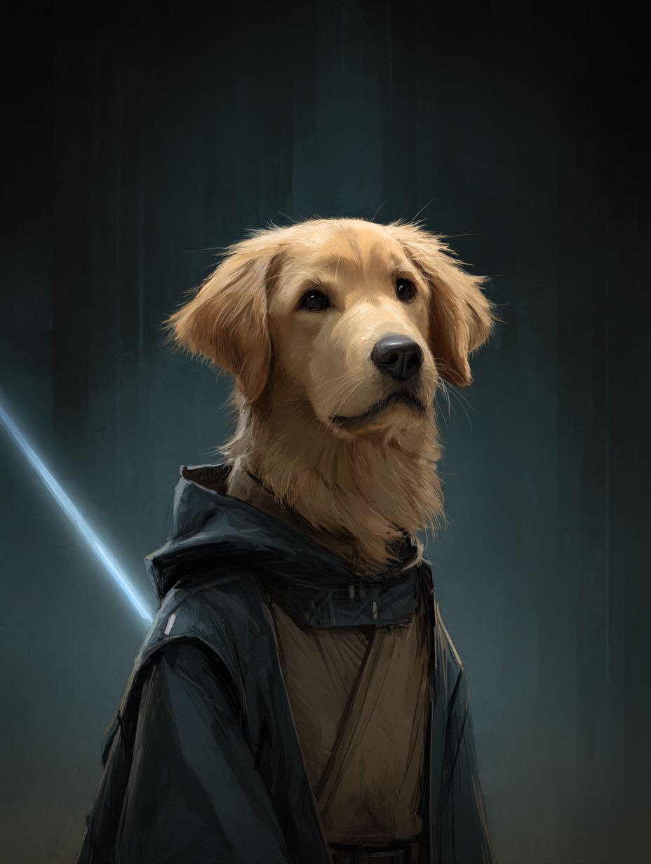 Un Golden Retriever futuriste et détaillé en tant que Chevalier Jedi