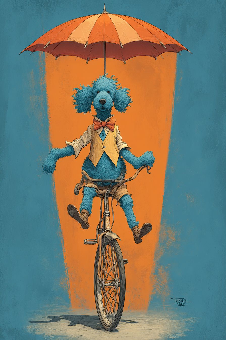 Un poodle cartoon whimsical sur un monocycle dans un cirque avec un nœud papillon