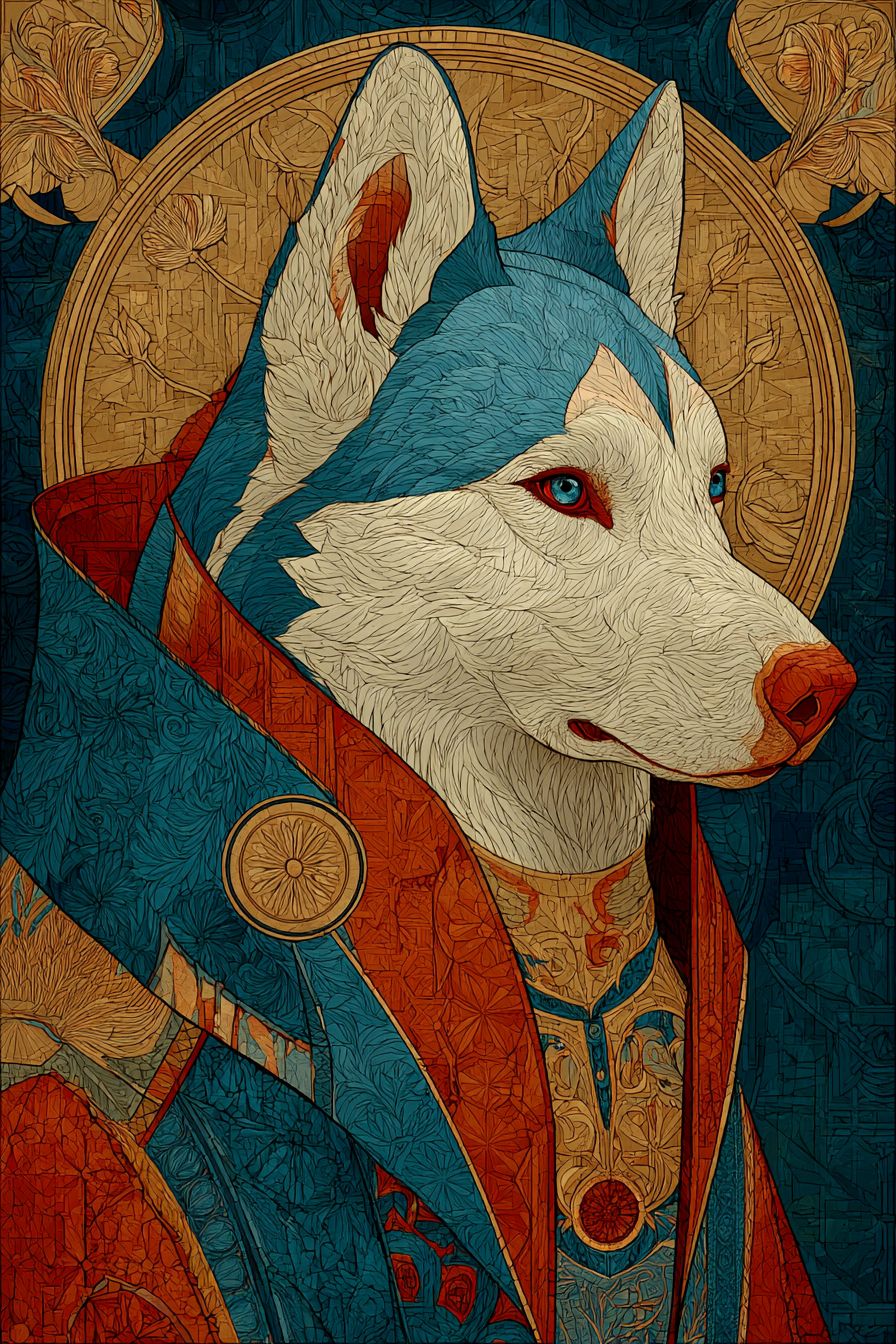 A Russian icon-style painting of a Siberian Husky with a gold halo and mystical aura