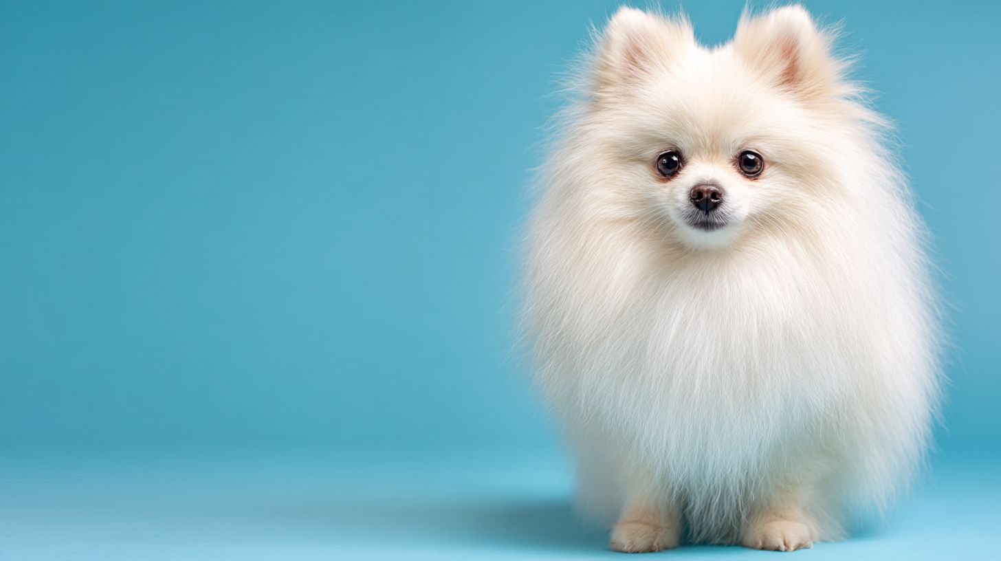 Ein flauschiger weißer Pomeranian auf einem einfarbigen himmelblauen Hintergrund, der auf der rechten Seite positioniert ist
