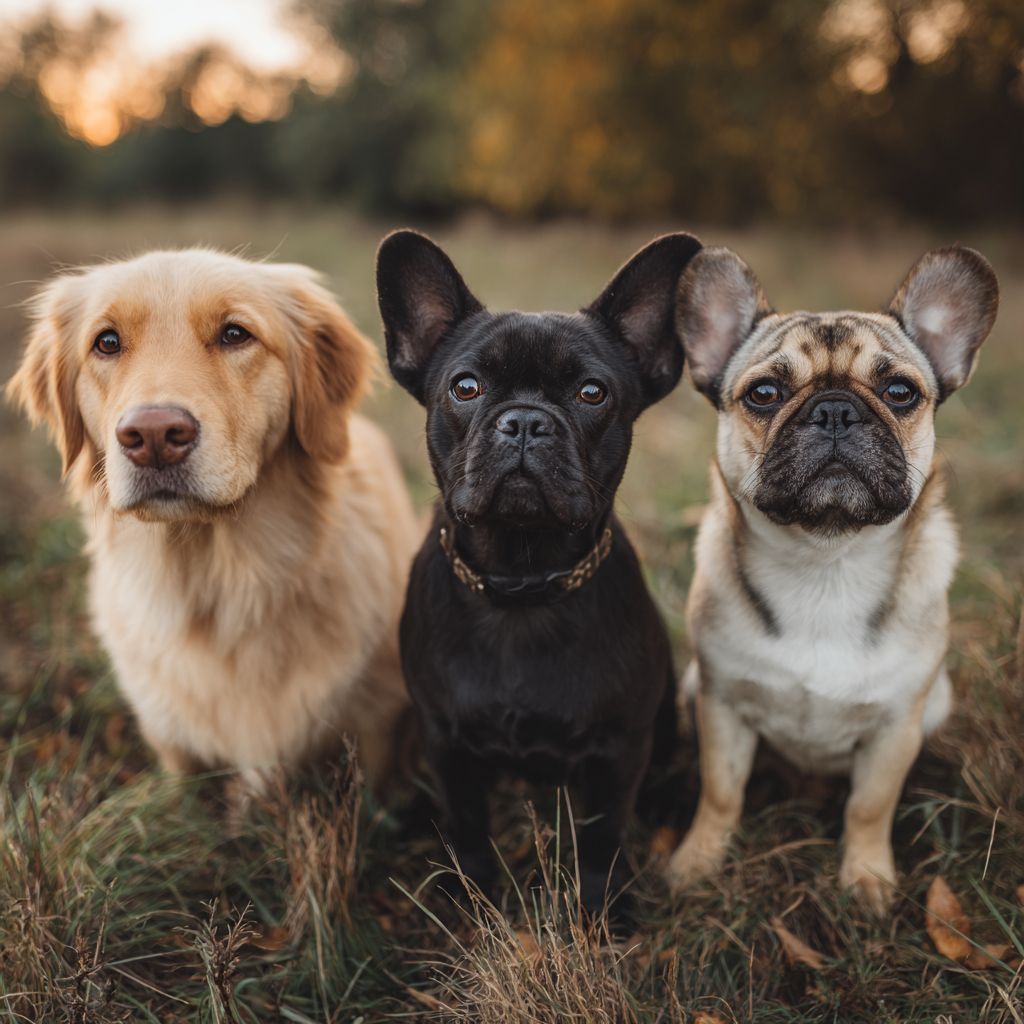 Trois chiens drôles, un labrador, un chihuahua et un bulldog français, assis sur l'herbe en regardant l'appareil photo
