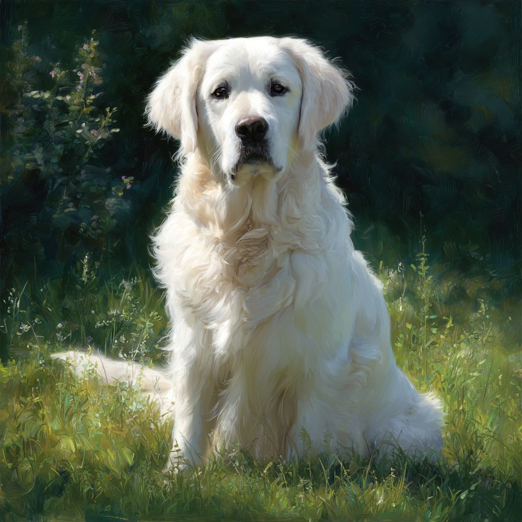 Un golden retriever blanc assis calmement sur un champ de gazon