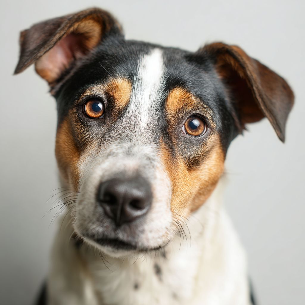 A medium-sized dog with a black patch over its left eye sitting and facing the camera