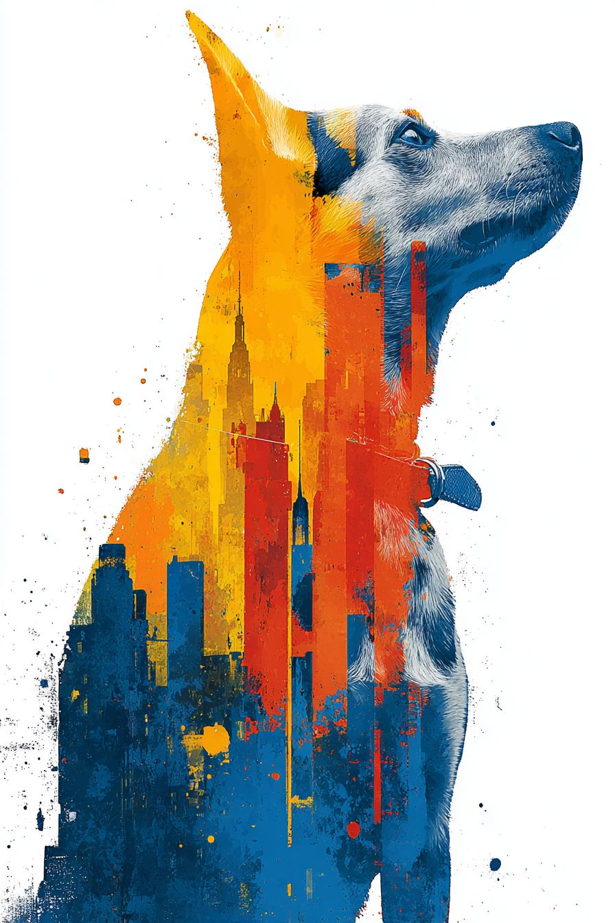 An abstract modern art piece depicting an Australian Cattle Dog