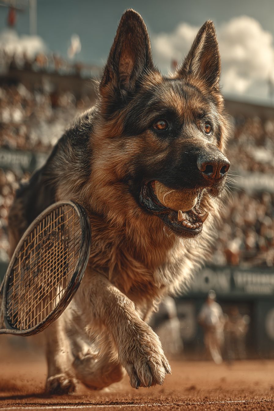 Un berger allemand concentré maniant une raquette de tennis sur un court en terre battue rouge