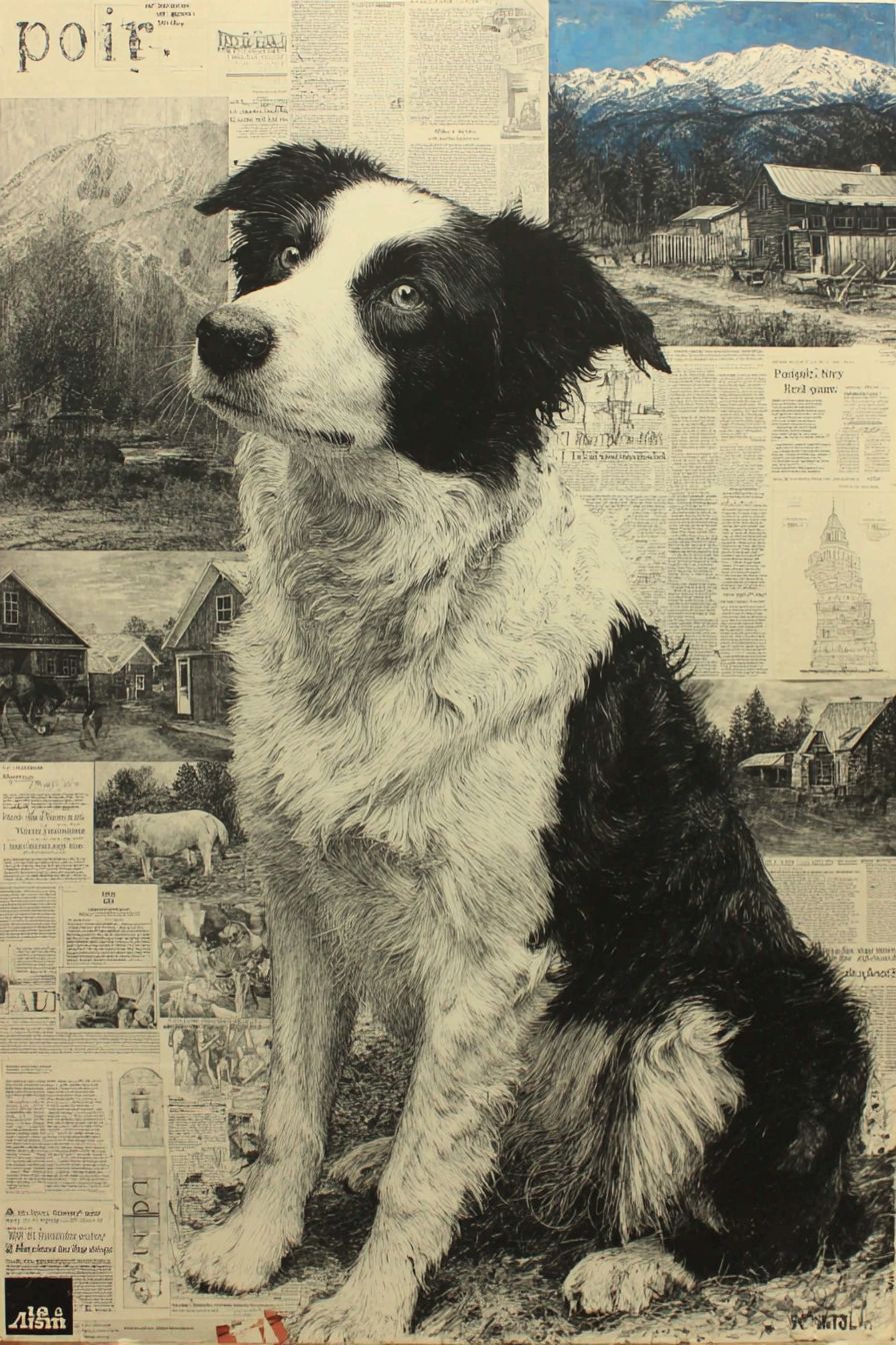 一幅后现代的边境牧羊犬拼贴画