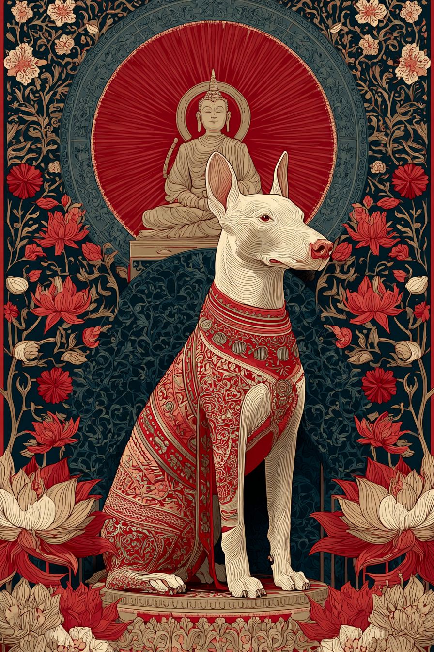 泰国寺庙艺术风格的泰国背脊犬，背景是佛像和莲花