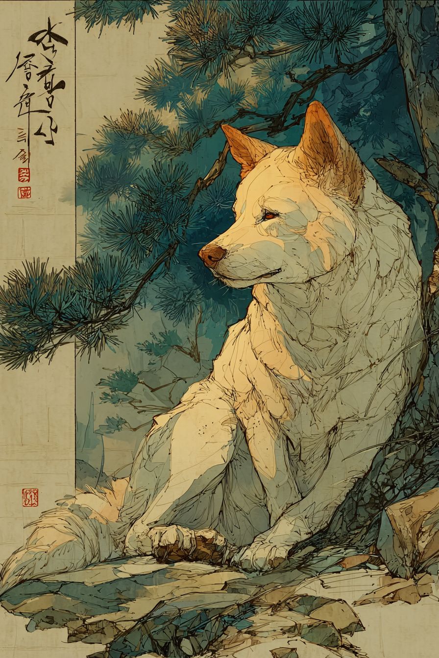 진돗개를 그린 한국 전통 회화, 소나무 숲 배경, 섬세한 먹선, 부드러운 초록색과 갈색 톤