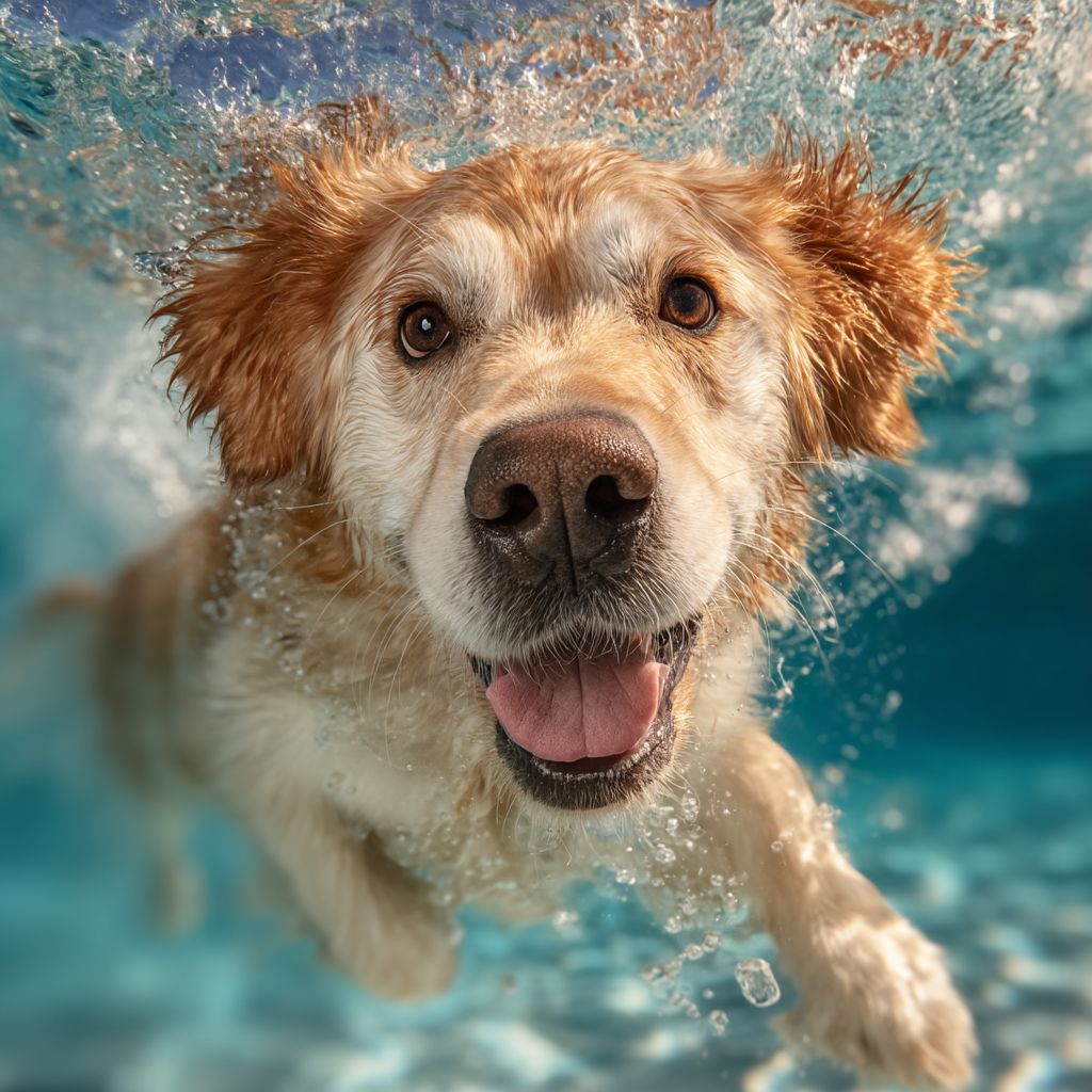 Un golden retriever heureux nageant sous l'eau vers la caméra