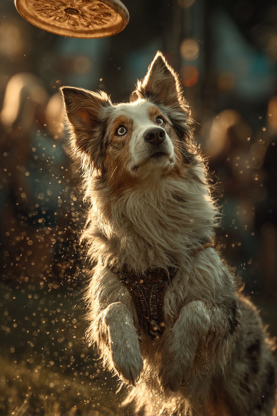 Ein fotorealistischer Collie fängt einen Frisbee im Park