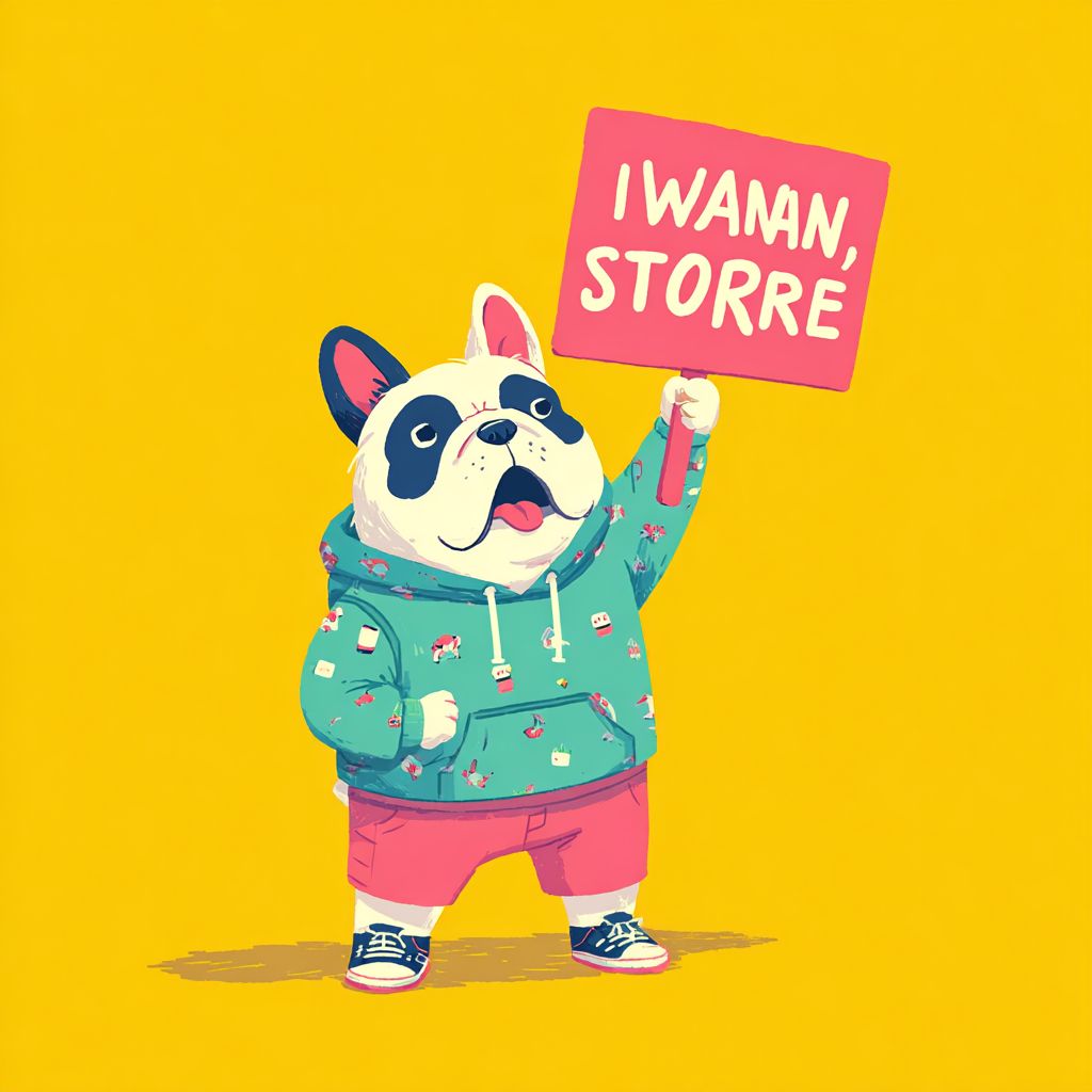 A cute French Bulldog in a pastel hoodie standing on two legs holding a protest sign that says 'IWANNSTORE'