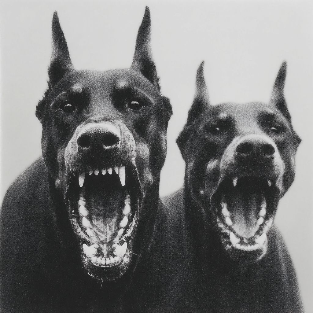 Dois dobermans se lançando em direções opostas com as bocas abertas em um fundo branco sólido