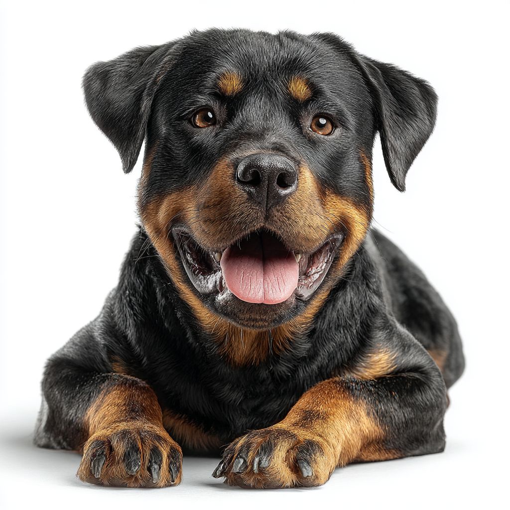 smiling Rottweiler on a white background