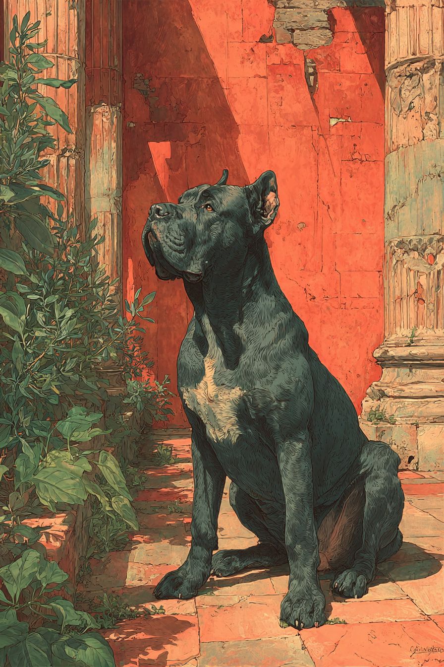 Italian fresco style Cane Corso with ancient ruins and olive grove background
