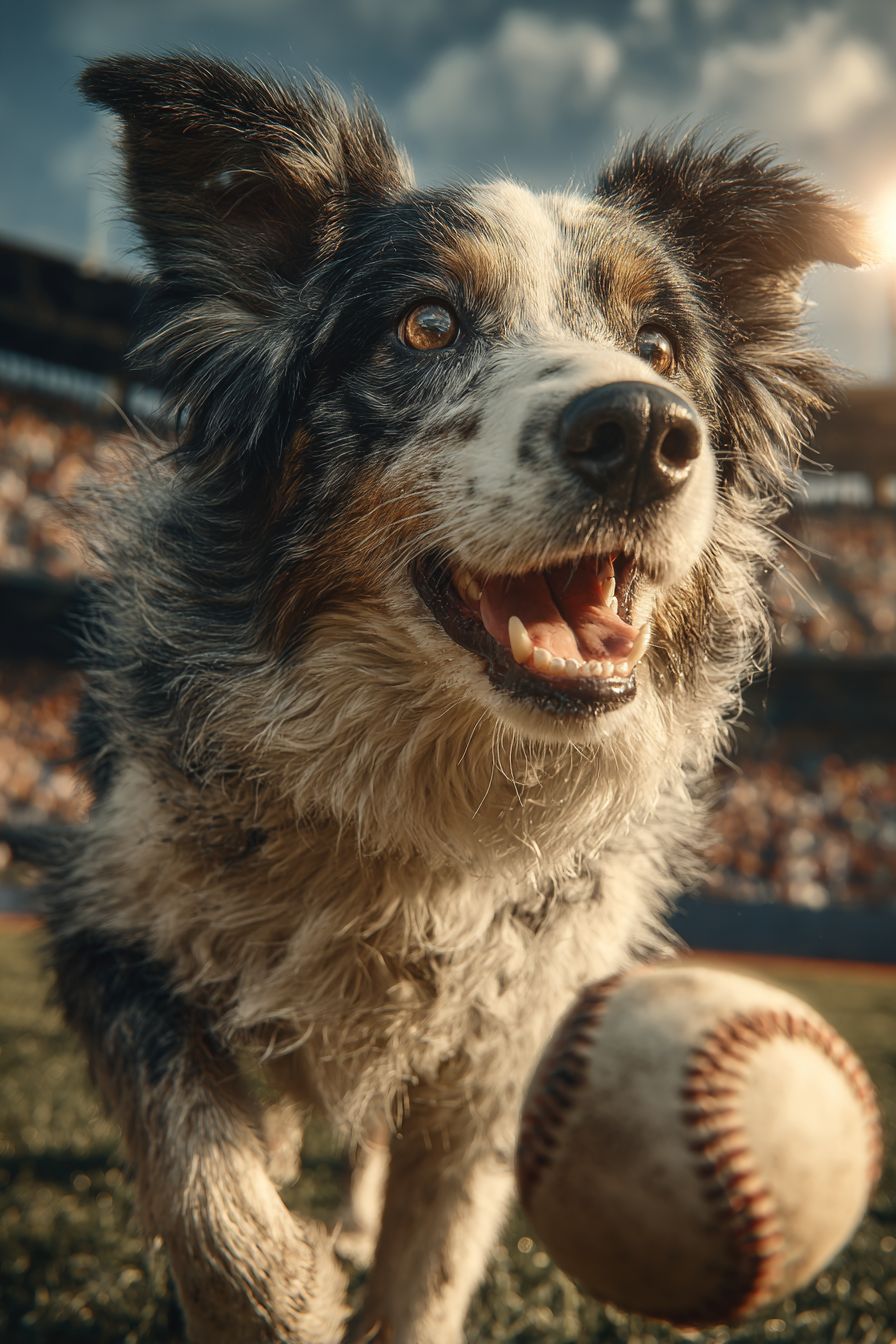 A realistic border collie catching a baseball in mid-air while wearing a small navy cap