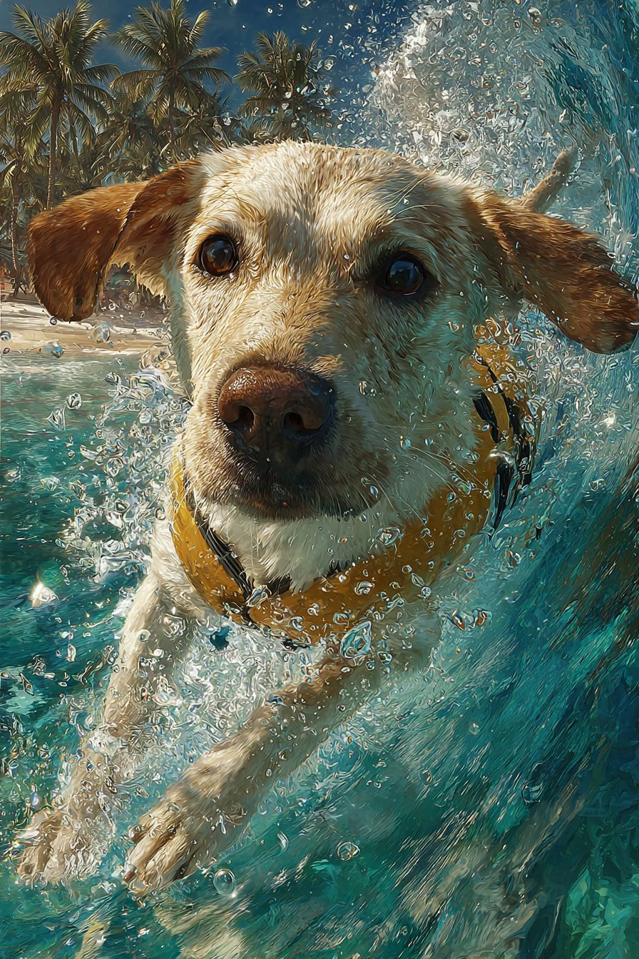 一只身穿亮黄色救生衣的拉布拉多猎犬在巨大蓝绿色海浪上冲浪