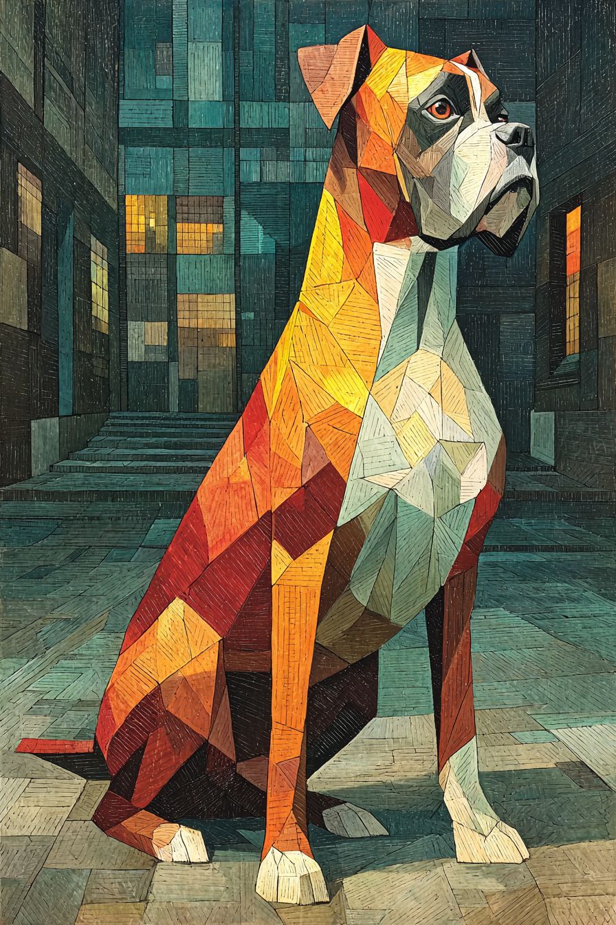 A Cubist-style painting of a Boxer dog in an urban park with fragmented shapes and muted colors