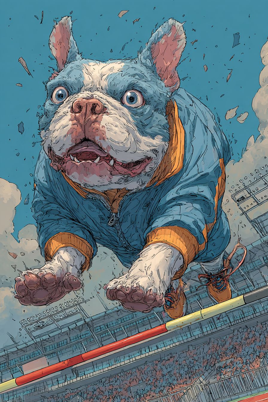 A cartoon French bulldog pole vaulting in mid-air wearing a tracksuit
