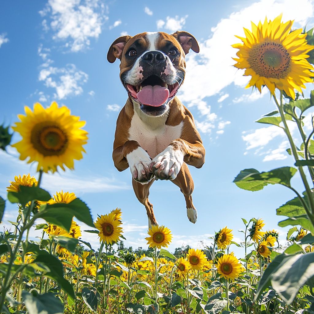 Un boxer joueur sautant dans un champ de tournesols, la langue tirée sous un ciel bleu brillant.
