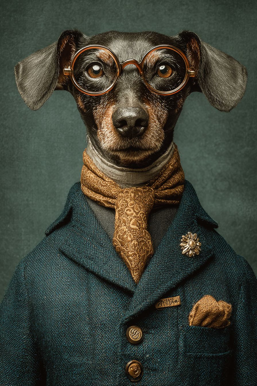 Ein weiser aussehender Hund, der einen Anzug und eine Krawatte trägt, mit einer Brille und einer Brosche
