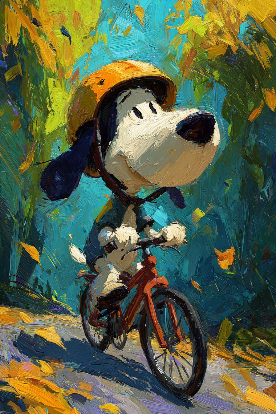 Un beagle de dibujos animados monta una bicicleta roja a través de un parque otoñal colorido con hojas que caen, usando un pequeño casco y una expresión exageradamente alegre