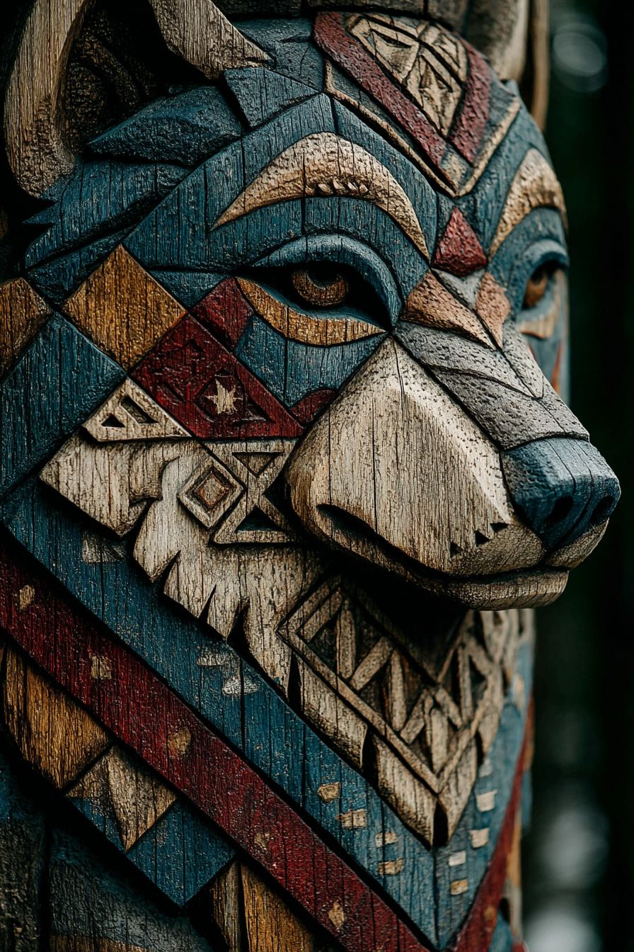 一根印第安人图腾柱风格的阿拉斯加马拉穆特犬雕刻
