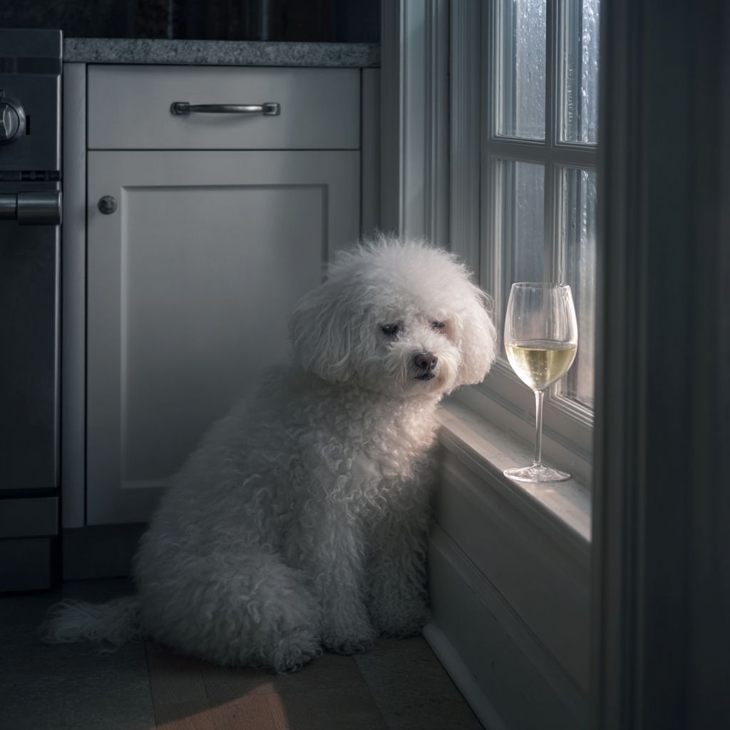 Un Bichón Frisé llora solo en casa echando de menos a sus dueños, sentado en la cocina con una copa de vino.