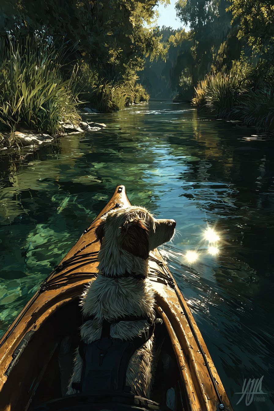 A hyper-realistic labrador kayaking on a calm river