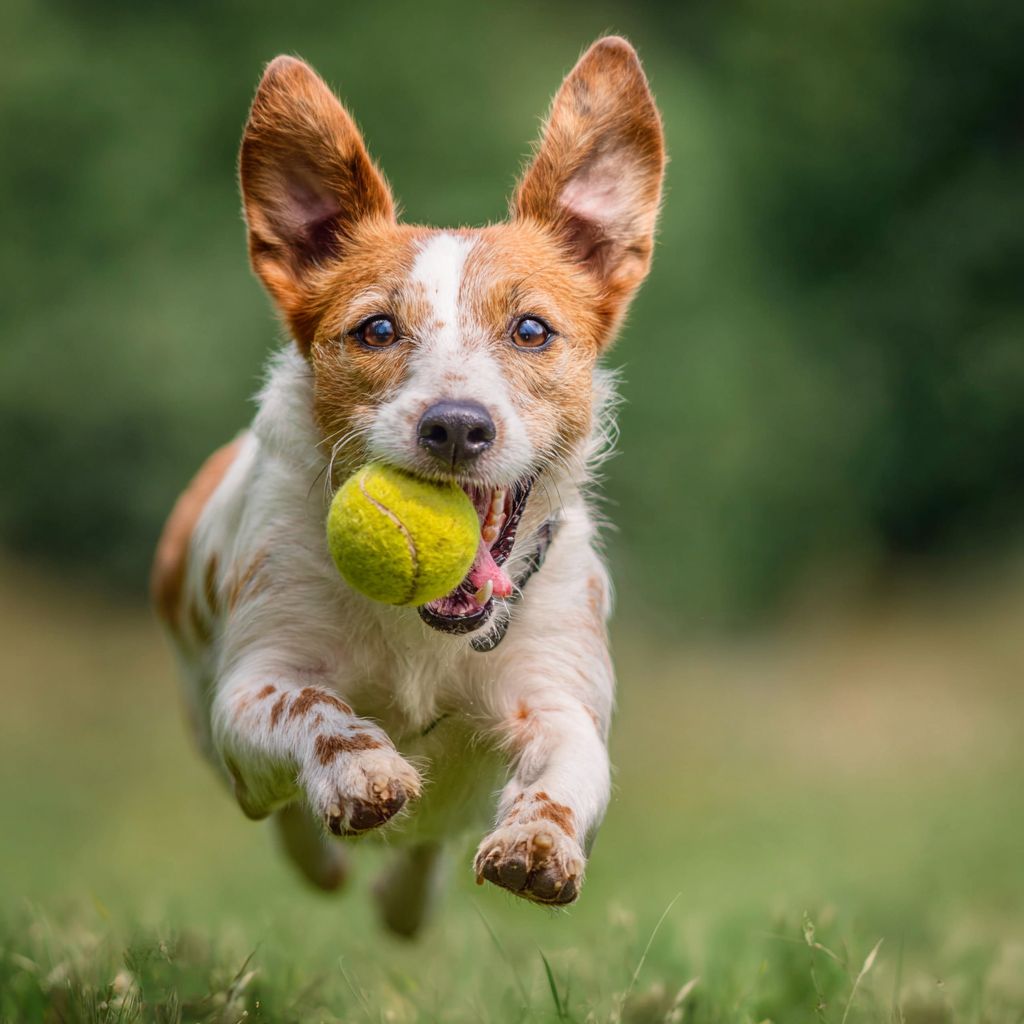 Un perro feliz persiguiendo una pelota de tenis al aire libre