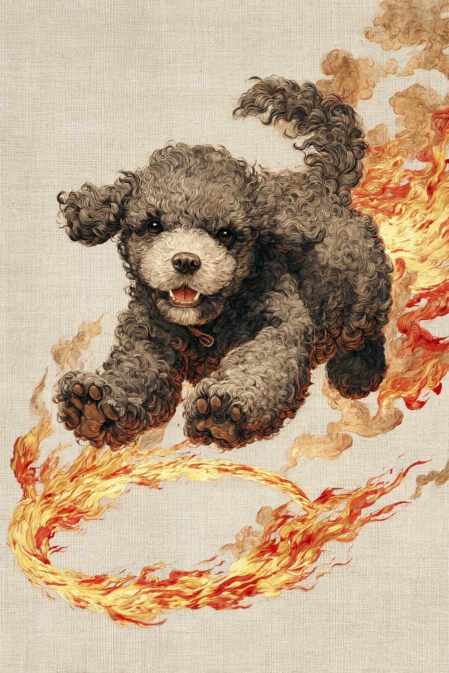 一只强壮美丽的泰迪犬在火圈中跳跃，展现出可爱滑稽的表情和坚毅的眼神