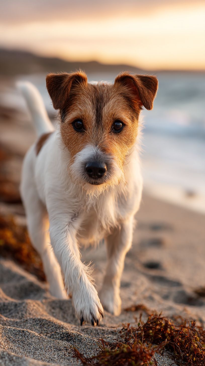Terrier Jack Russell courant sur la plage