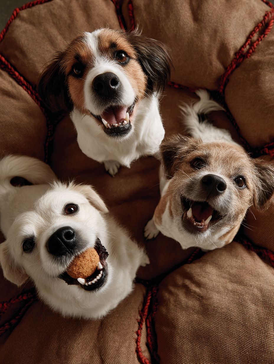 Three dogs on a brown soft cushion showing their bellies, smiling and barking